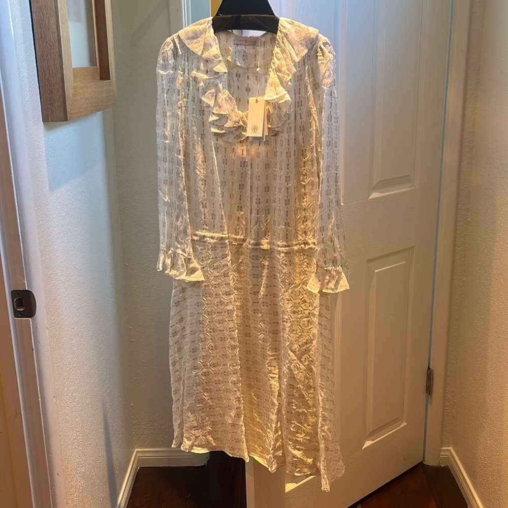New with tags!!  White and gold Tory Burch Size 6 Jasmine Ruffle Dress